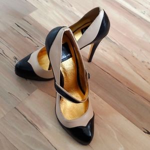 Dolce Vita black patent leather and cream leather MaryJane heels
